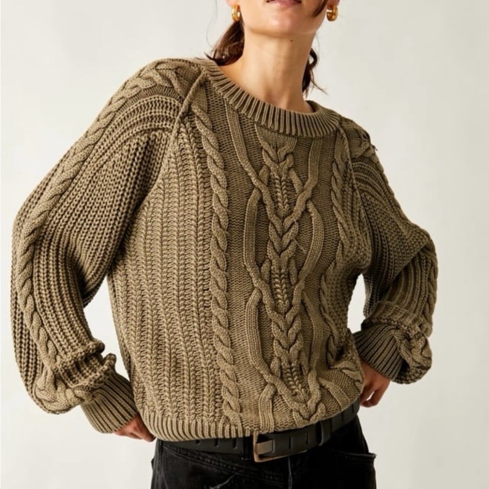 Free People Olive Cable Knit Sweater